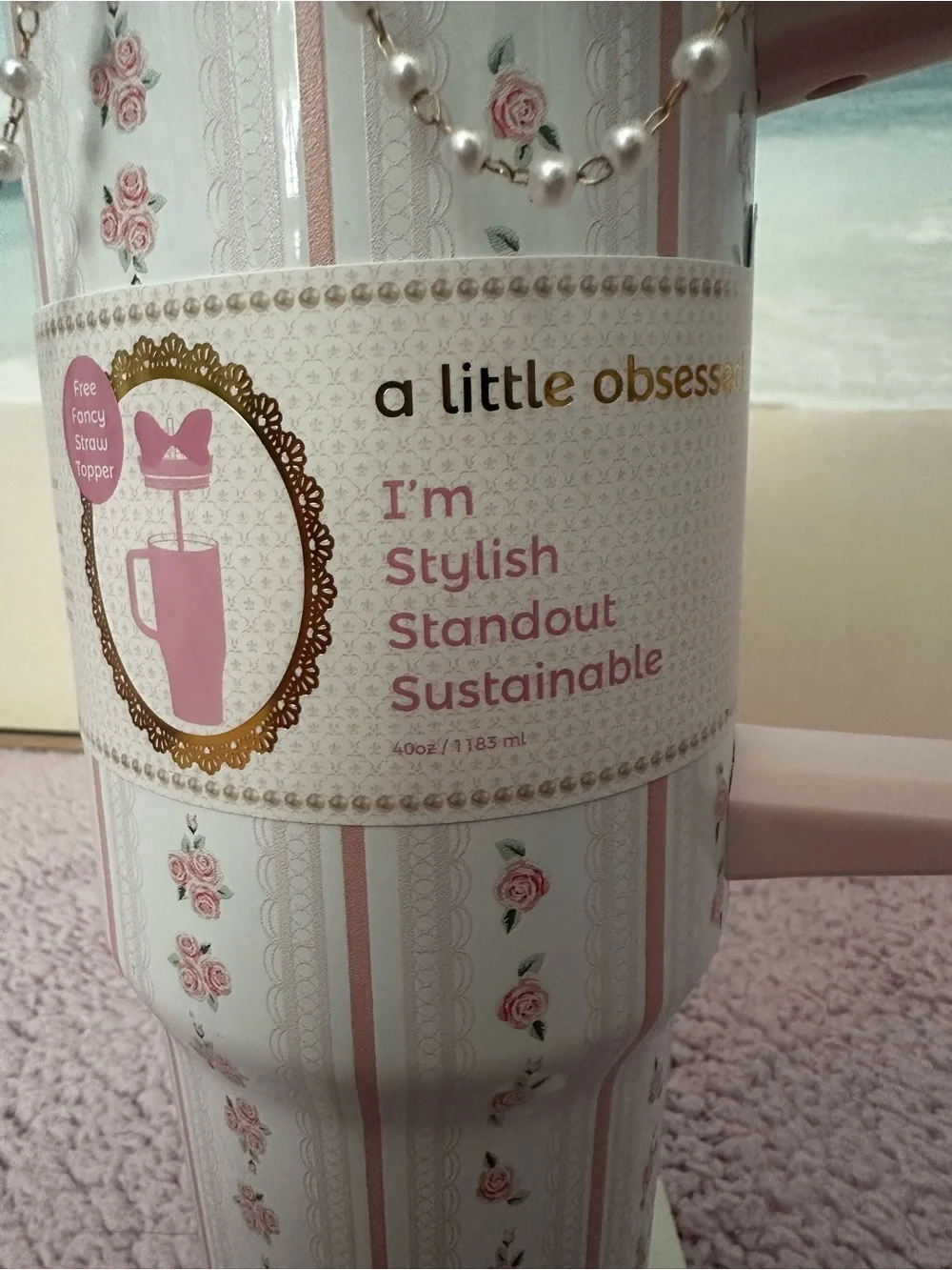 Cream Bow Straw Tumbler with Pink Floral Travel Mug